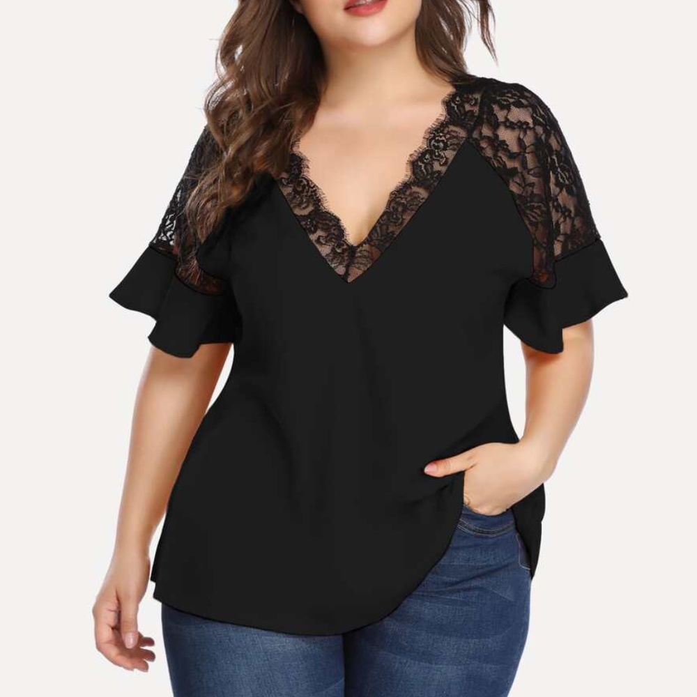 PLUS SIZE V neck Lace Flutter Sleeve Top Red - Picture 2 of 8